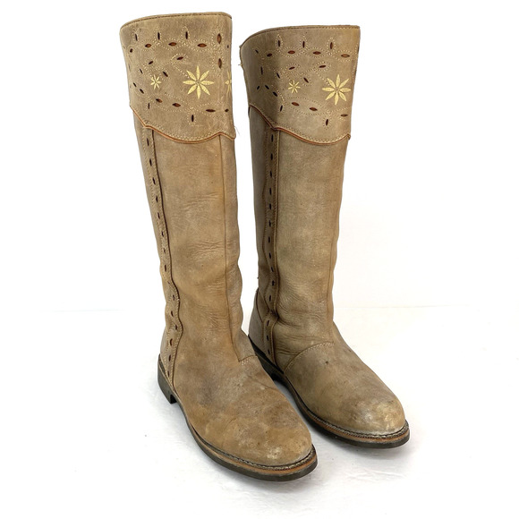 Joules Leather Riding Boots Embroidered Distressed Tan Women's Size US 8 UK 6 - Picture 1 of 10